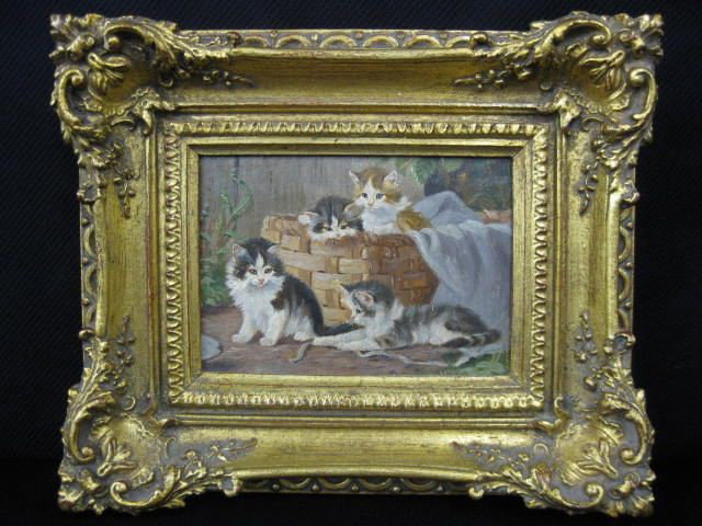 Miniature Painting of Kittens,: four with basket, image area 3" x 4 1/2" on panel, ornate gilt carved frame, original label from Marshall Field, excellent.