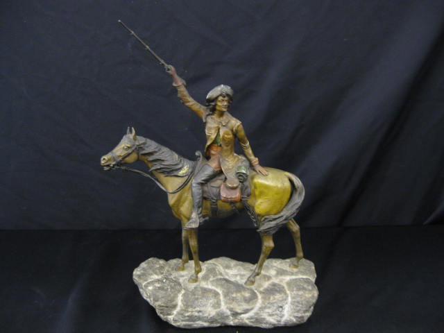 Franz Xavier Bergman Austria Bronze Horse & Rider,: cold painted, natural stone base, signed, numbered, rider holding up a rifle, superb detail, figure is 11" tall & 9" long, overall with base is 13 1/4" tall, excellent.Well listed and desirable artist