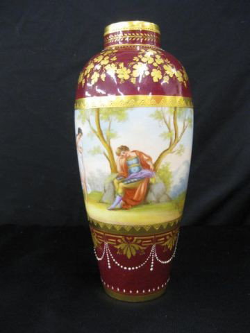 Royal Vienna Beehive Porcelain Vase,: superb handpainted courting scenes in the garden, artist signed, elaborate gold on burgundy, titled on base, 10", 19th century, excellent, artist signed.