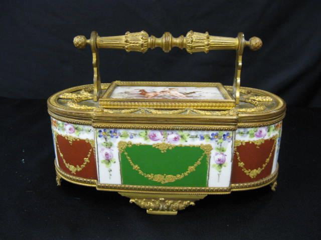 French Victorian Porcelain & Bronze Dresser: Box, handpainted cherubs, floral & garland, ormolu mounts, 19th century, attributed to Sevres, 5 1/2" x 8", artist signed.