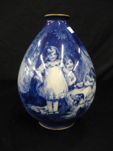 Royal Doulton "Babe in the Woods" Vase,: rich blue handpainted scene with children and dog, circa 1900, 7 1/2" tall.