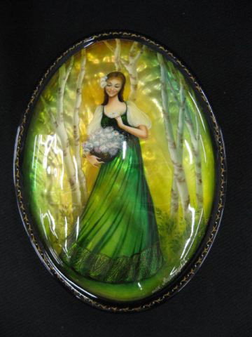 Russian Lacquerware Box with Maiden: in the woods, on abalone shell with natural blister pearl interior, super detail, artist signed Vesnushea, 6 1/4" x 4 1/2", excellent.