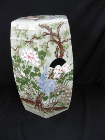Oriental Celadon Pottery Garden Seat,: peacock & foliage, 19" tall, excellent.