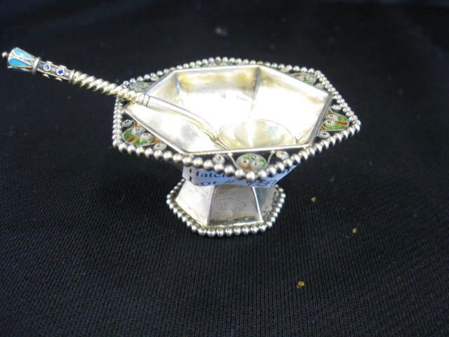 Russian Enameled Sterling Silver Salt Cellar: & spoon, pedestal base, hexagon, beaded trim, with an elaborate 3" salt spoon, .84 mark, 19th century.