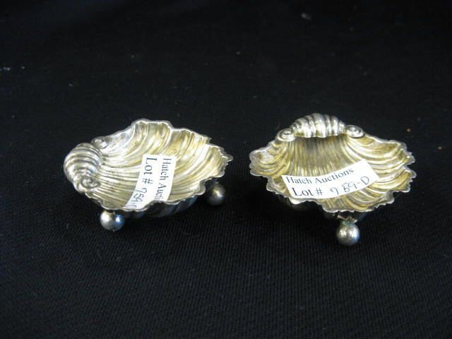 Pair of English Sterling Silver Figural Salt: Cellars, scallop shell design, footed, hallmarked, gold wash, 2", excellent.