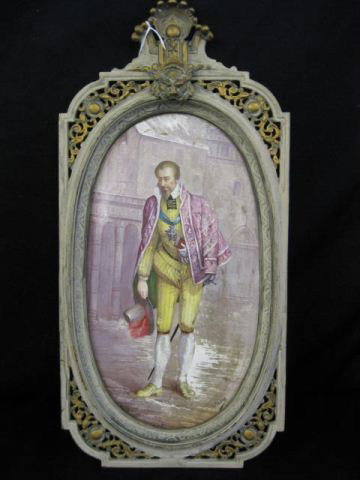 L. Malpass Painting on Porcelain Plaque,: French knight in courtyard, 7" x 12" oval image area in ornate bronze frame, well listed artist, L. Malpass is recorded in the late 19th century at the atelier of Paul Blot, 3 rue de la Paix. Blot was