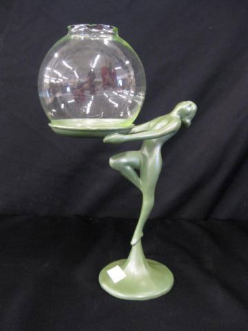 Art Deco Figurine of a Nude Woman,: holding a green glass fishbowl, attributed to Frankart, 11" tall, excellent.