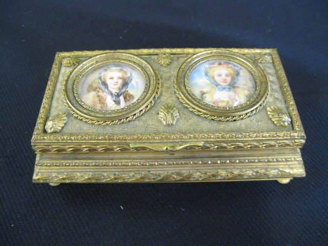 French Victorian Bronze Dresser Box: with two miniature portraits on Ivory, young ladies, artist signed, fancy ormoulu, 2 3/4" x 5".