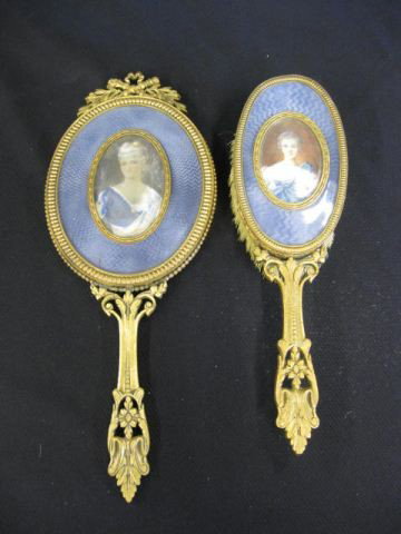 French Bronze & Enameled Mirror & Brush: with miniature portraits on ivory of young ladies, circa 1890, signed.