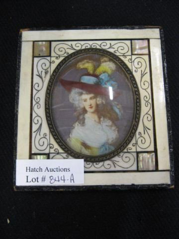 Miniature Portrait on Ivory of a Woman,: fancy feathered hat, 2" x 2 1/2" oval image in fancy ivory & abalone frame.