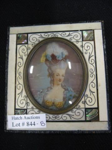 Miniature Portrait on Ivory of a Woman,: elaborate outfit, 2" x 2 1/2" oval image in ivory & abalone frame, signed.
