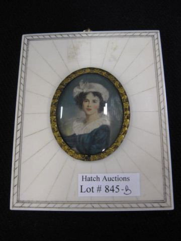 Miniature Portrait on Ivory of a Young Woman,: 1 1/2" x 2" image in ivory frame.