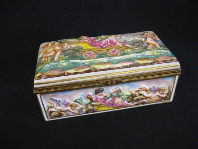 Capodimonte Porcelain Dresser Box,: rectangular, maiden pulling cherub in a chariot, ormoulu mounts, 3 3/4" x 7 1/2", signed, excellent.