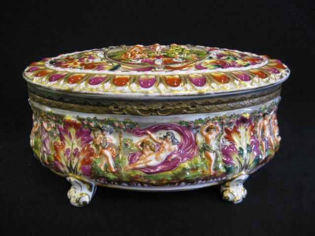 Capodimonte Porcelain Dresser Box,: festive scenes with nudes, maidens in the garden, oval, 5 1/2" x 8 1/2", footed, signed, excellent.