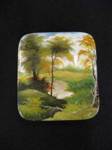 Russian Lacquerware Box with Spring: Landscape, abalone shell reflective stream, superb detail, signed, 3 3/4", excellent.