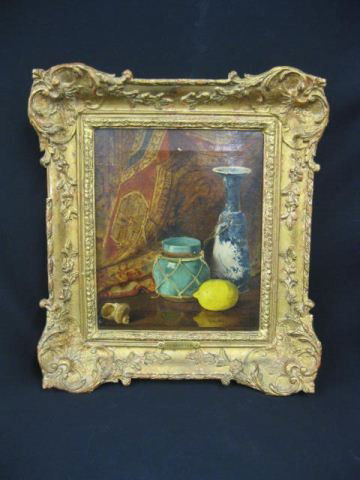 H. Whittle, Oil on Canvas,: still life with antique vases, persian rug & lemon, image area 10" x 12", well listed artist.
