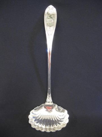 American Coin Silver Soup Ladle by: Wood & Hughes, olive pattern handle, fancy scalloped bowl, 12 1/4".