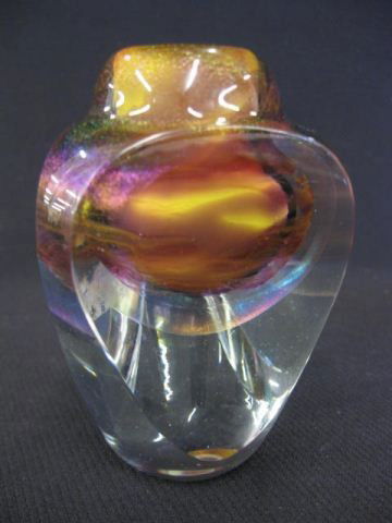 Jon Kuhn Art Glass Vase,: internally decorated, well known artist, signed & dated April 1981, 4" tall, 2 3/4" traingular body, excellent. Jon Kuhn is regarded as one of the leading glass artists in the world. With works featur