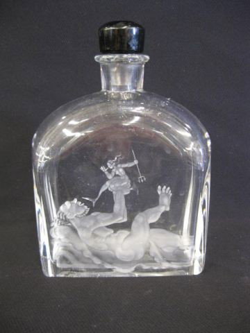 Orrefors Swedish Crystal Decanter of Man: holding a small mermaid, fine intaglio cut, signed, numbered, 7". The road to Orrefors winds through deep forests of spruce that open suddenly on darkly glistening lakes, and meadows and farmhouses se