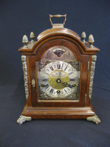 Schatz German Bracket Clock,: moon phase, excellent chimes, 10 1/2" tall.