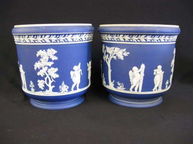 Pair of Wedgwood Dark Blue Jasperware: Jardinieres, unusual cherub band, fine detail, circa 1890, 8", signed.