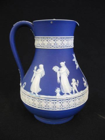 Wedgwood Dark Blue Jasperware Pitcher,: classical maidens in garden, elaborate floral bands, original tilting cover, signed, circa 1890, 7 3/4" tall, excellent.