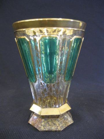 Moser Art Glass Goblet or Beaker,: emerald cathedral window style with elaborate gold work, 4 1/2", excellent.