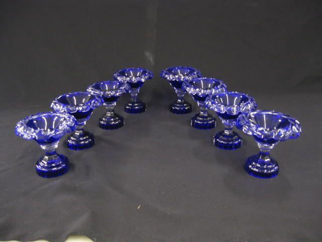 Set of 8 Cobalt Cut-to-Clear Salt Cellars,: large pedestal bases, fold over rim, signed William Yeoward, 3 1/2", excellent.