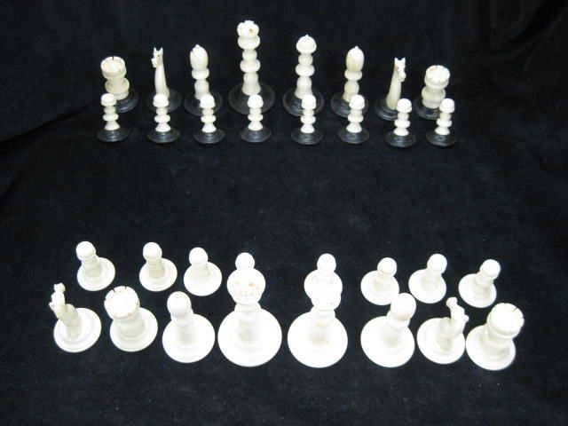 Carved Ivory Chess Set,: complete, queen is 3 3/4", opposing team has rosewood bases, excellent.