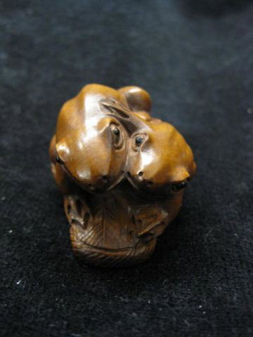 Carved Boxwood Netsuke of Two Frogs,: on a sandal, 1 1/2", excellent.