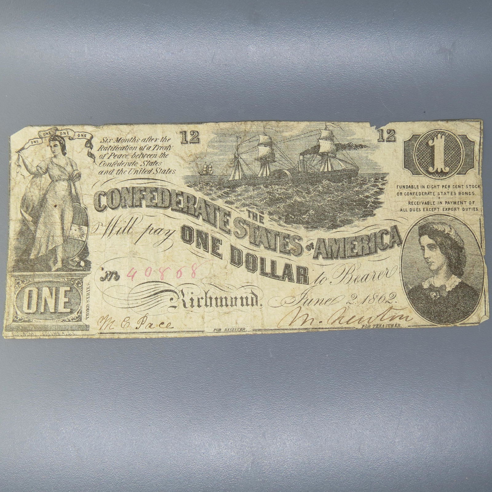 1862 $1.00 Confederate Note, Richmond, Virginia, (1 of 4)