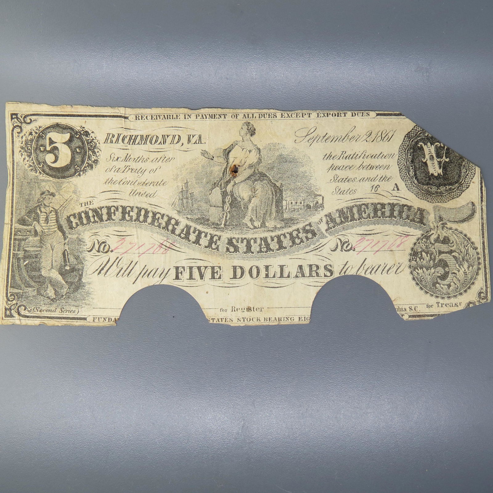 1861 $5.00 Confederate Note, Richmond, Virginia, (1 of 5)