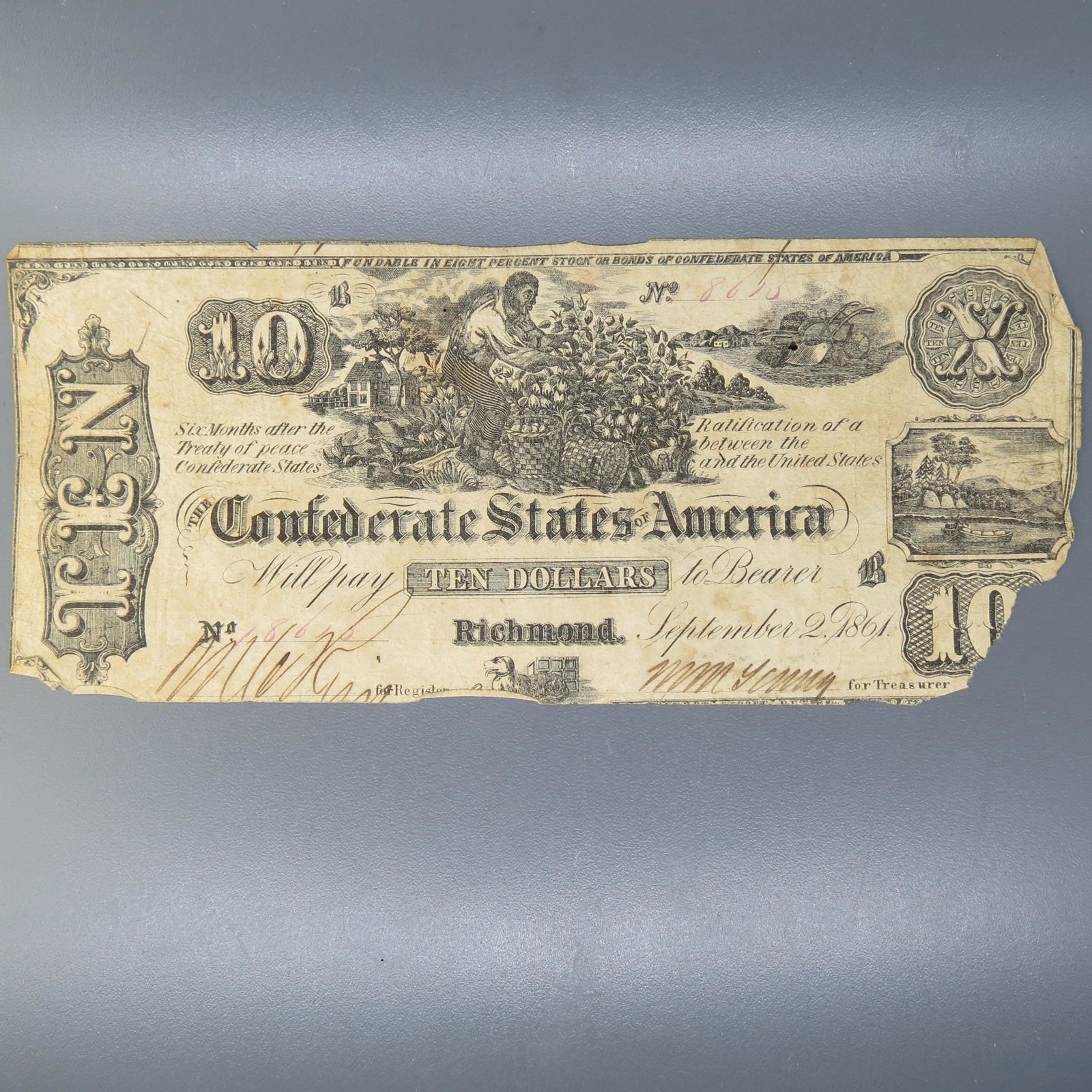 1861 Confederate $10.00 Note, Richmond, Virginia, (1 of 5)