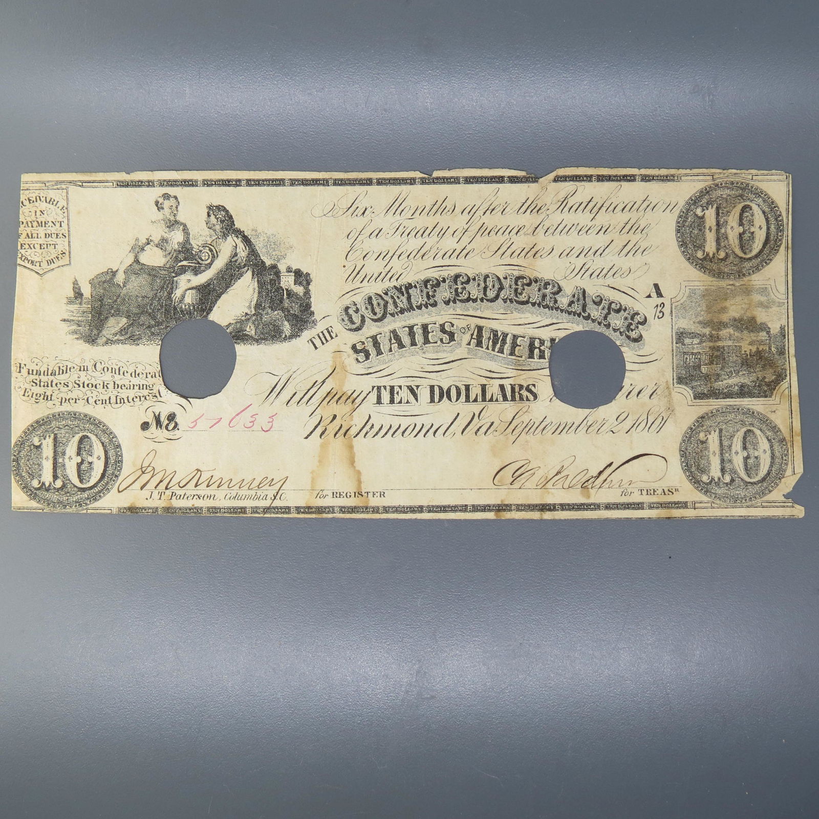1861 $10.00 Confederate Note, Richmond, Virginia, (1 of 4)