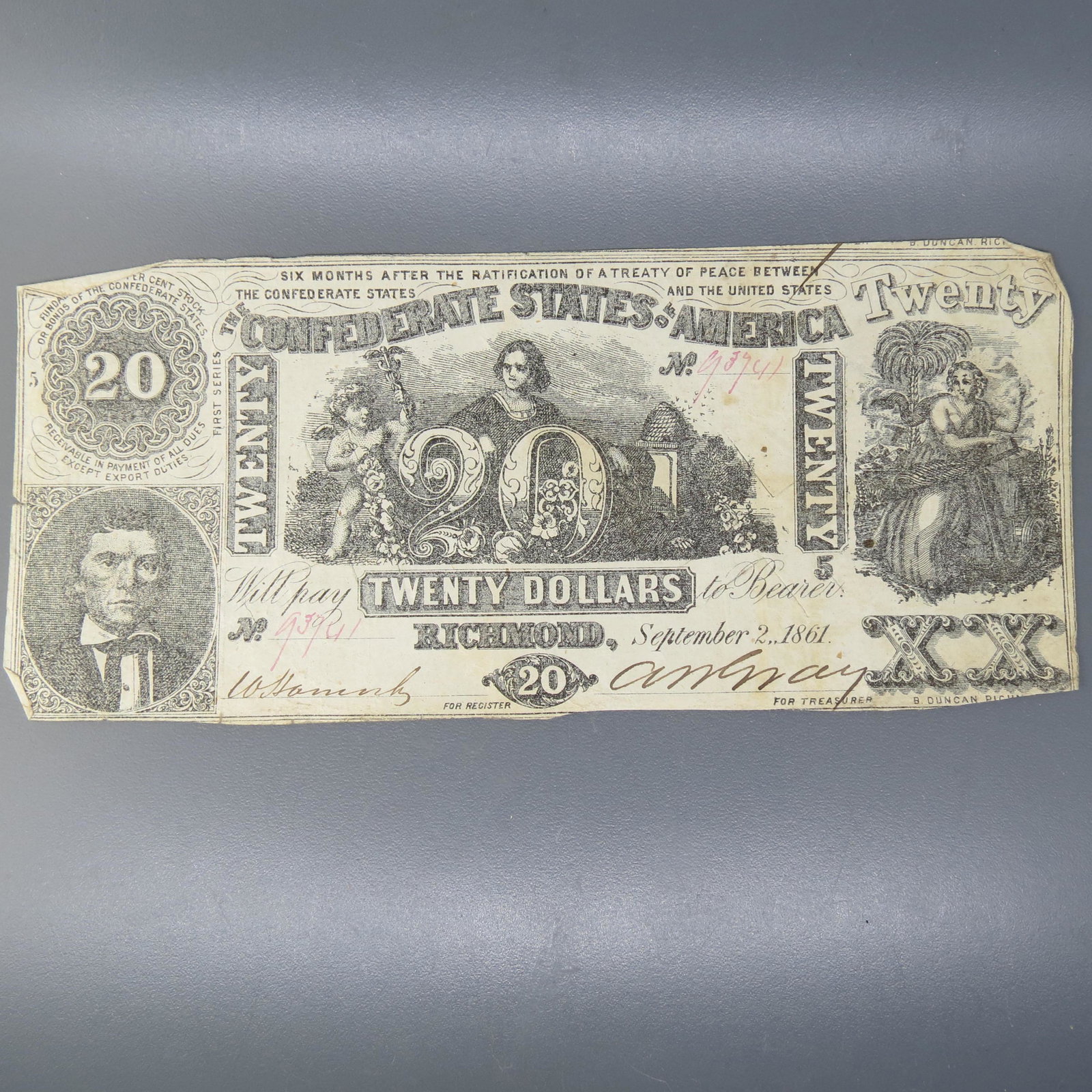 1861 $20.00 Confederate Note, Richmond, Virginia,: serial # 93941, September 2, 1861, signed.