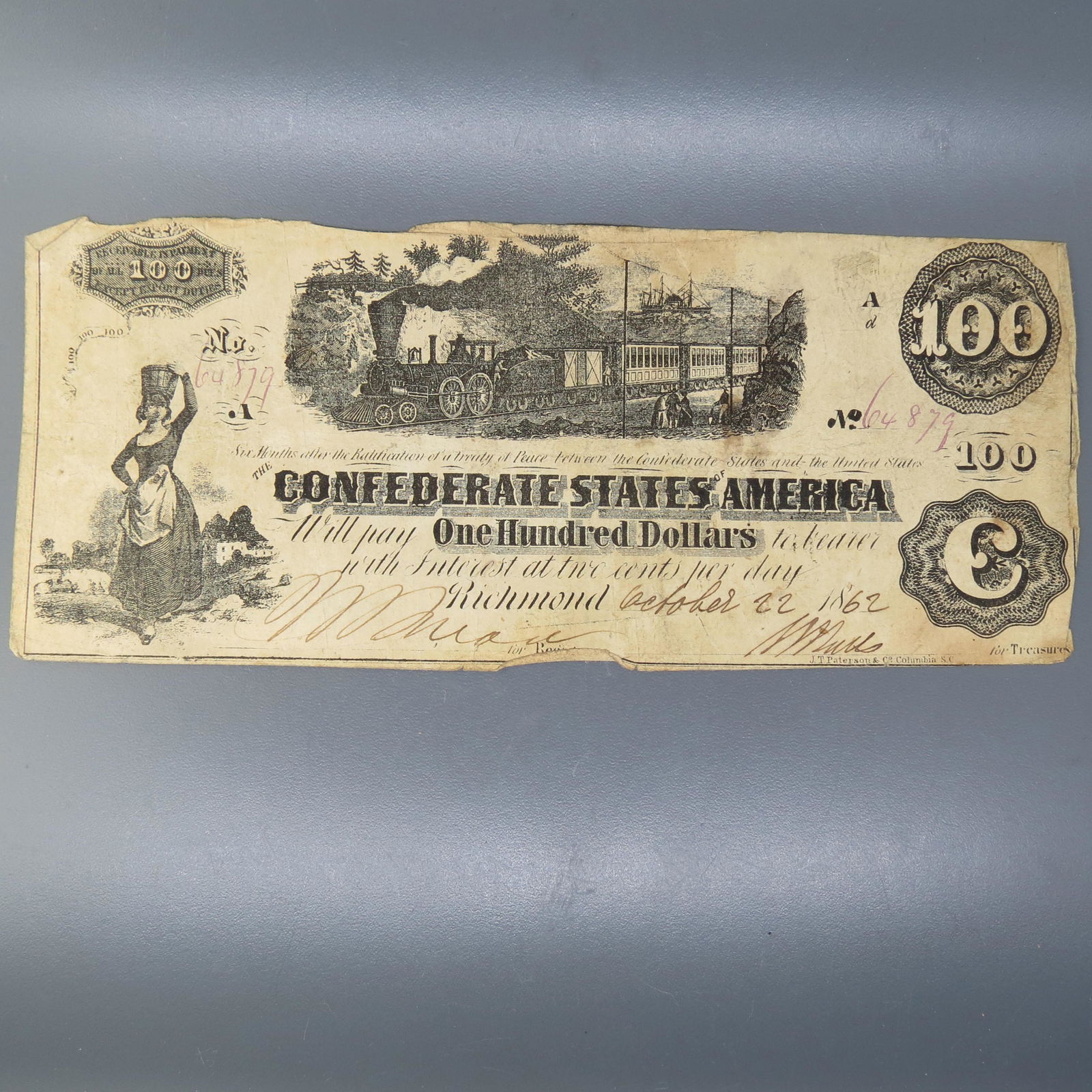 1862 $100.00 Confederate Note, Richmond, Virginia (1 of 5)