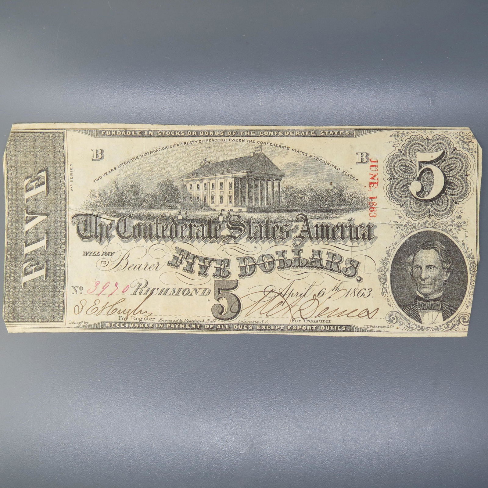 1863 $5.00 Confederate Note, Richmond, Virginia, (1 of 5)