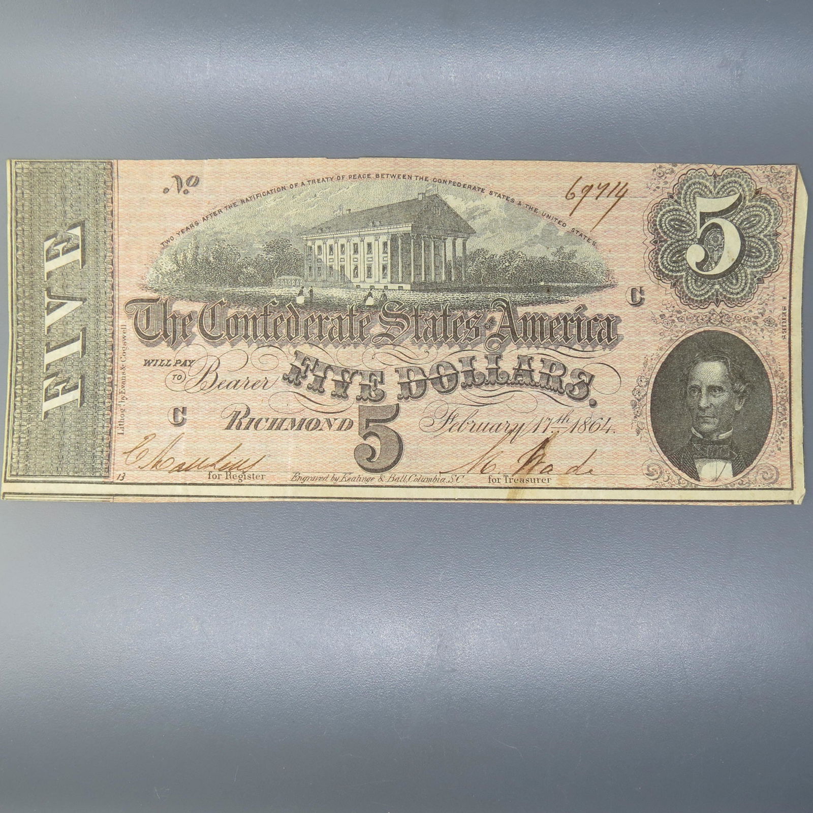 1864 $5.00 Confederate Note, Richmond, Virginia, (1 of 5)