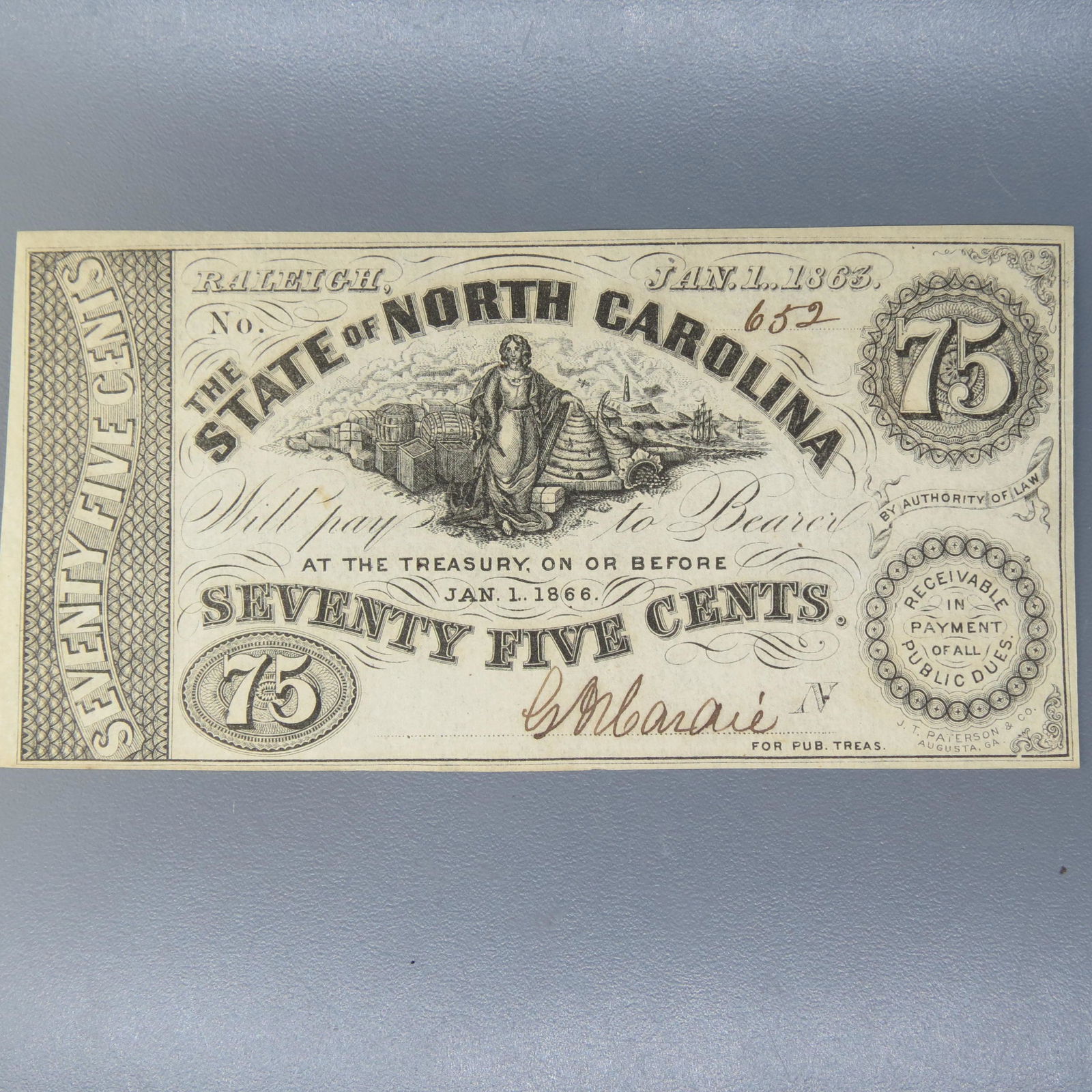 1863 75 Cent Confederate North Carolina Note, (1 of 5)