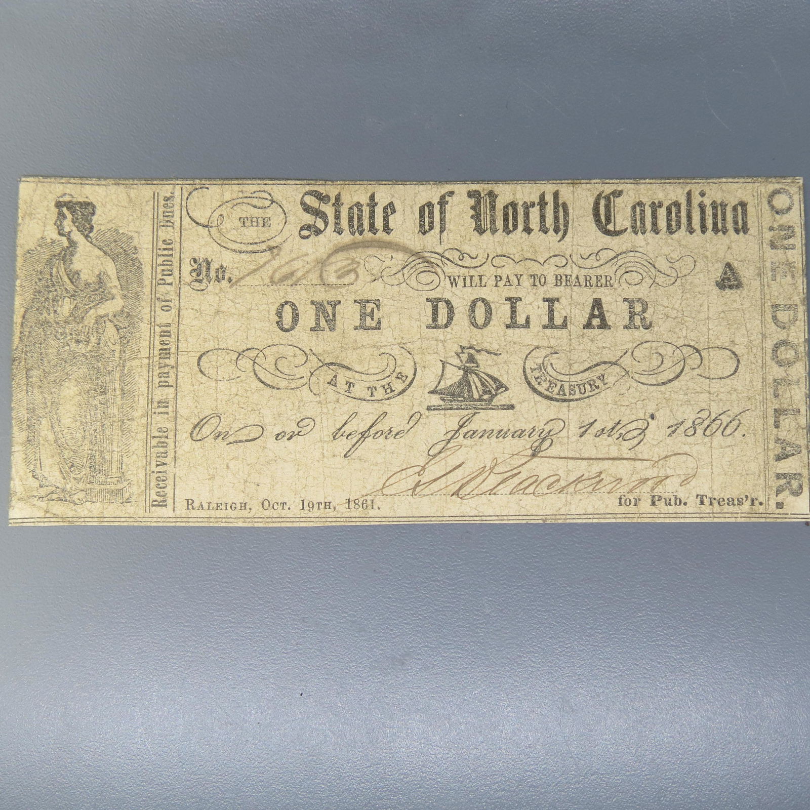 1861 $1.00 Confederate North Carolina Note, (1 of 4)