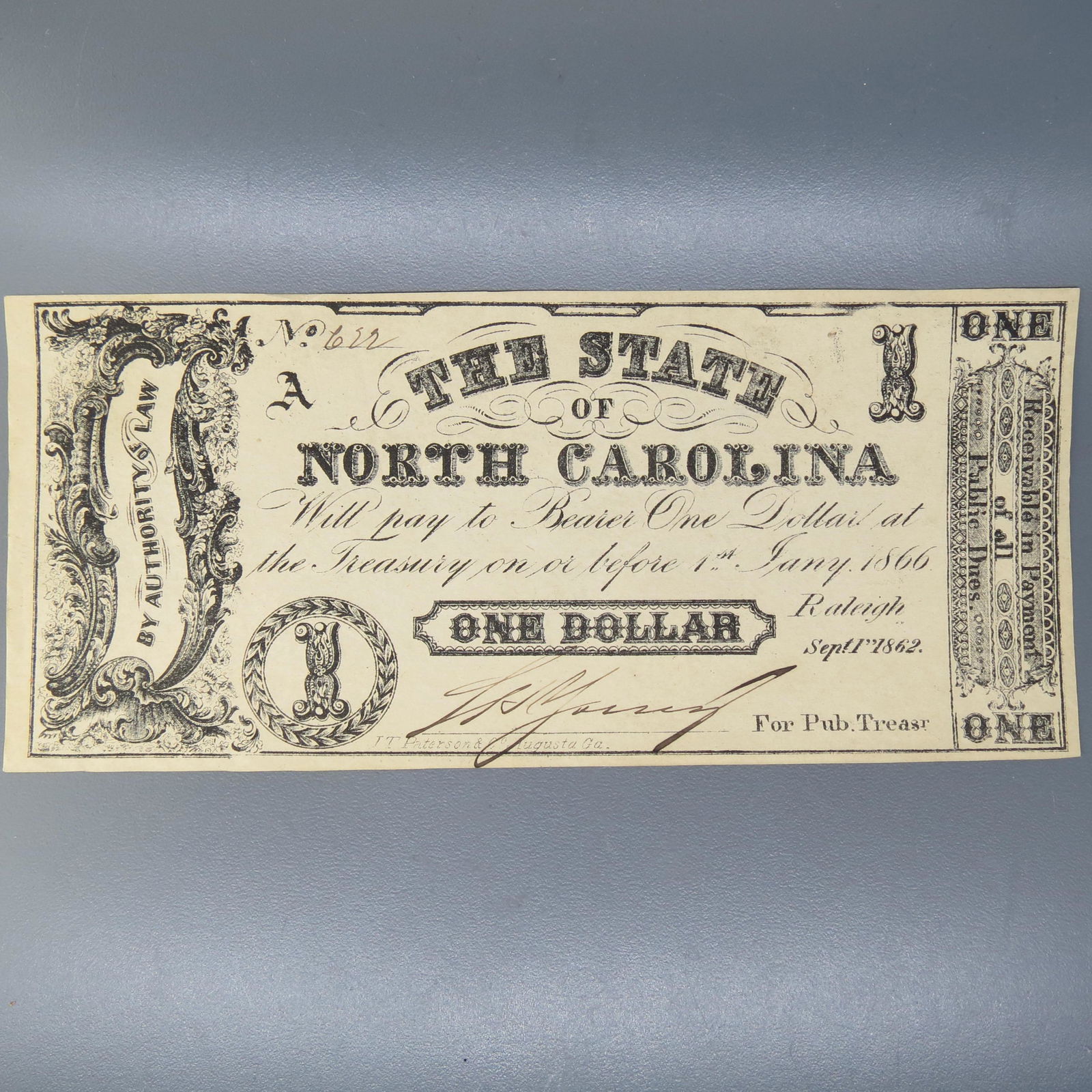 1862 $1.00 Confederate North Carolina Note, (1 of 4)