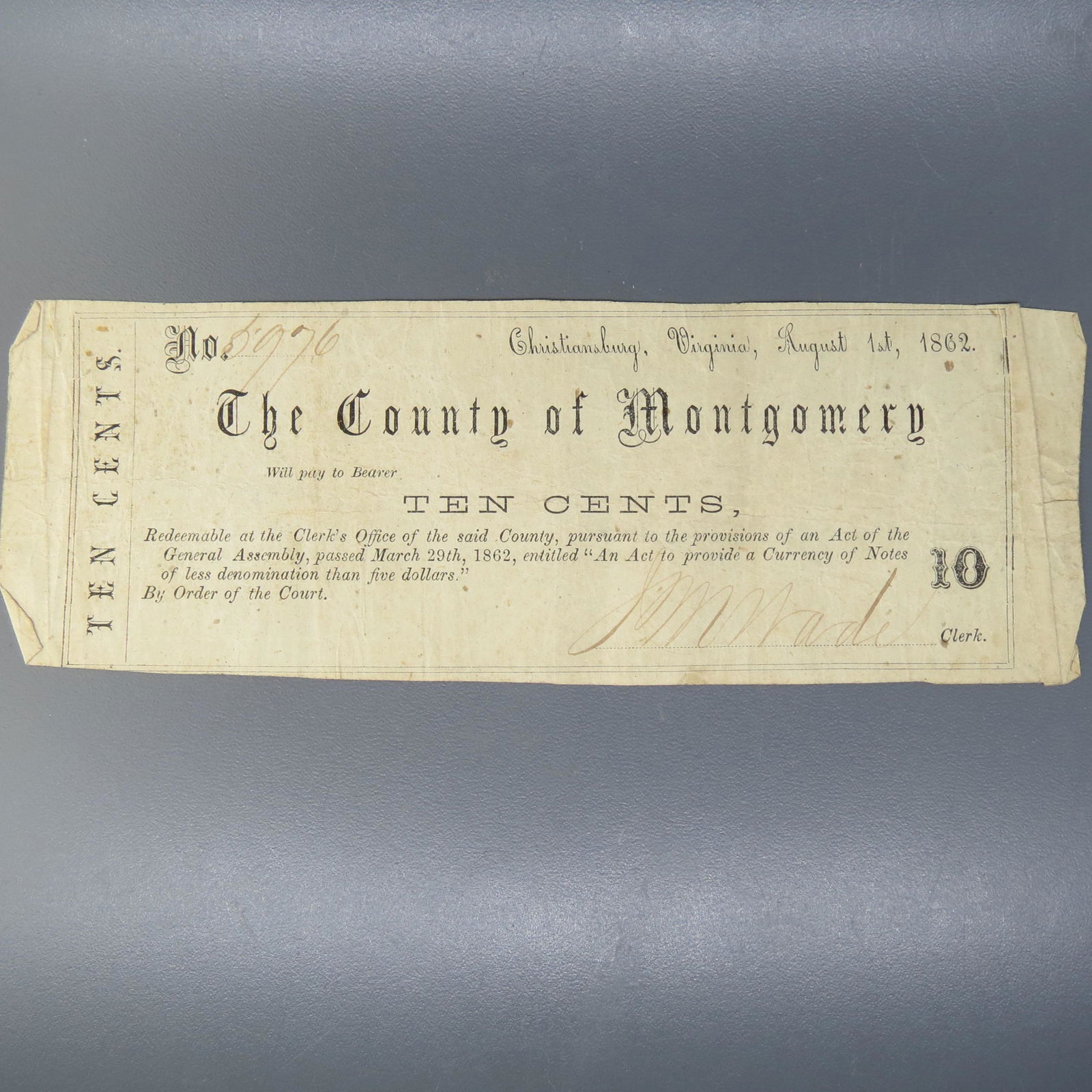 1862 10 Cent Confederate Alabama Note, (1 of 2)