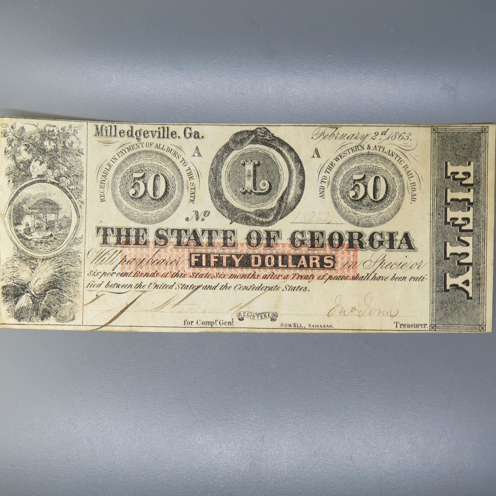 1863 $50.00 Confederate Georgia Note, (1 of 5)