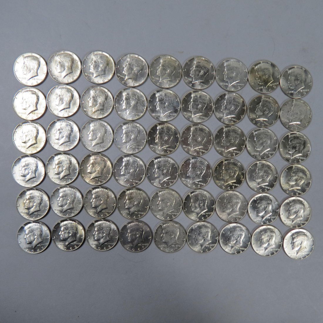 53 Kennedy 40% Silver Half Dollars, 1965-1969, (1 of 4)