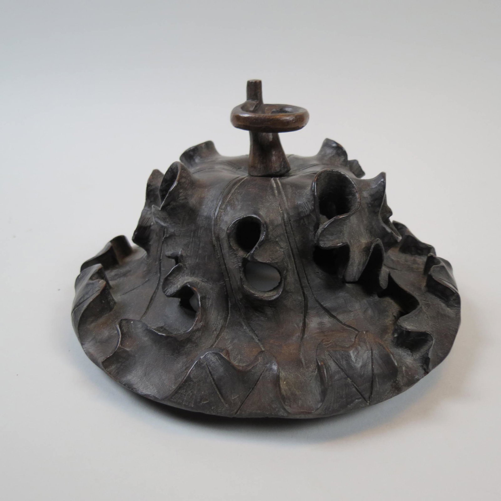 Chinese Carved Wooden Cover,: large leaf design with openwork, 8" diameter fits a 6" vase opening, excellent.