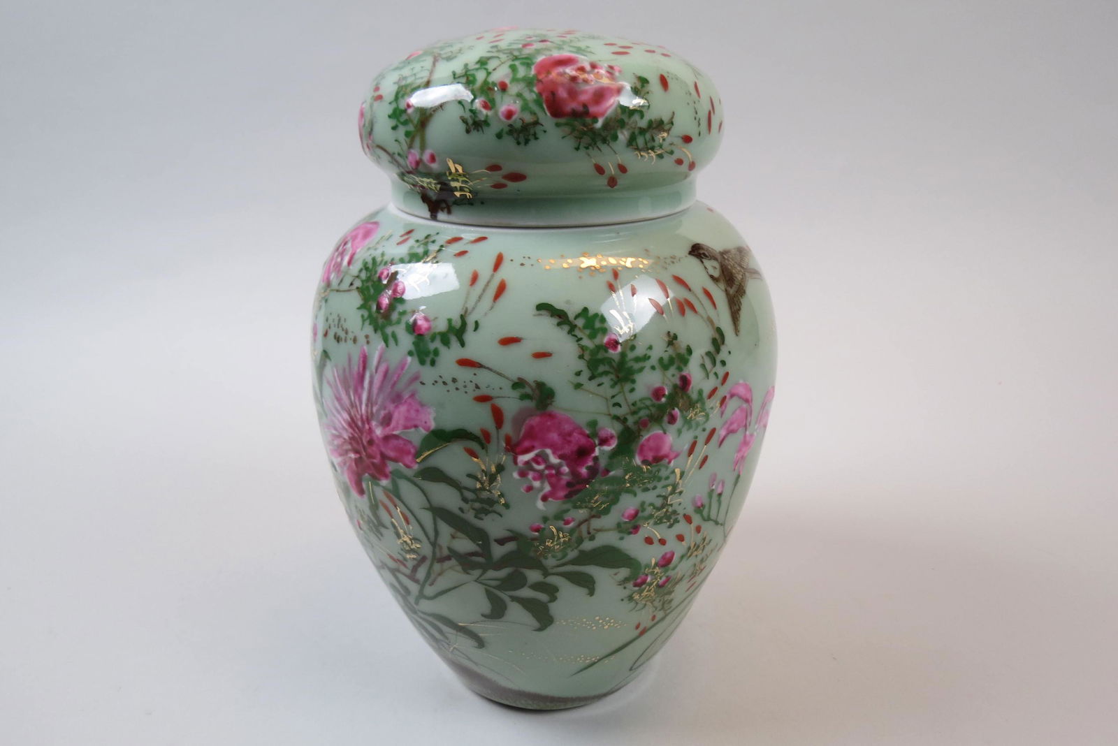 Asian Celadon Porcelain Ginger Jar,: signed, elaborate floral decoration with inner lid and cover, 10 1/2", excellent.
