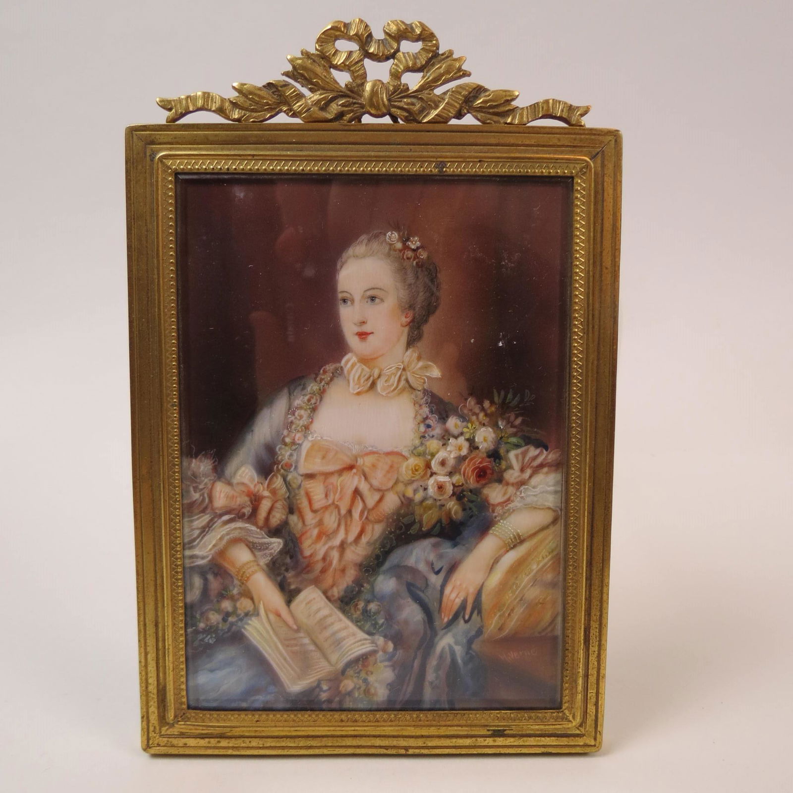Miniature Painting of Madame Pompadour,: after Francois Boucher, artist signed H. Verne, image area 4" X 5 1/2", under beveled glass in French gilt frame, excellent.