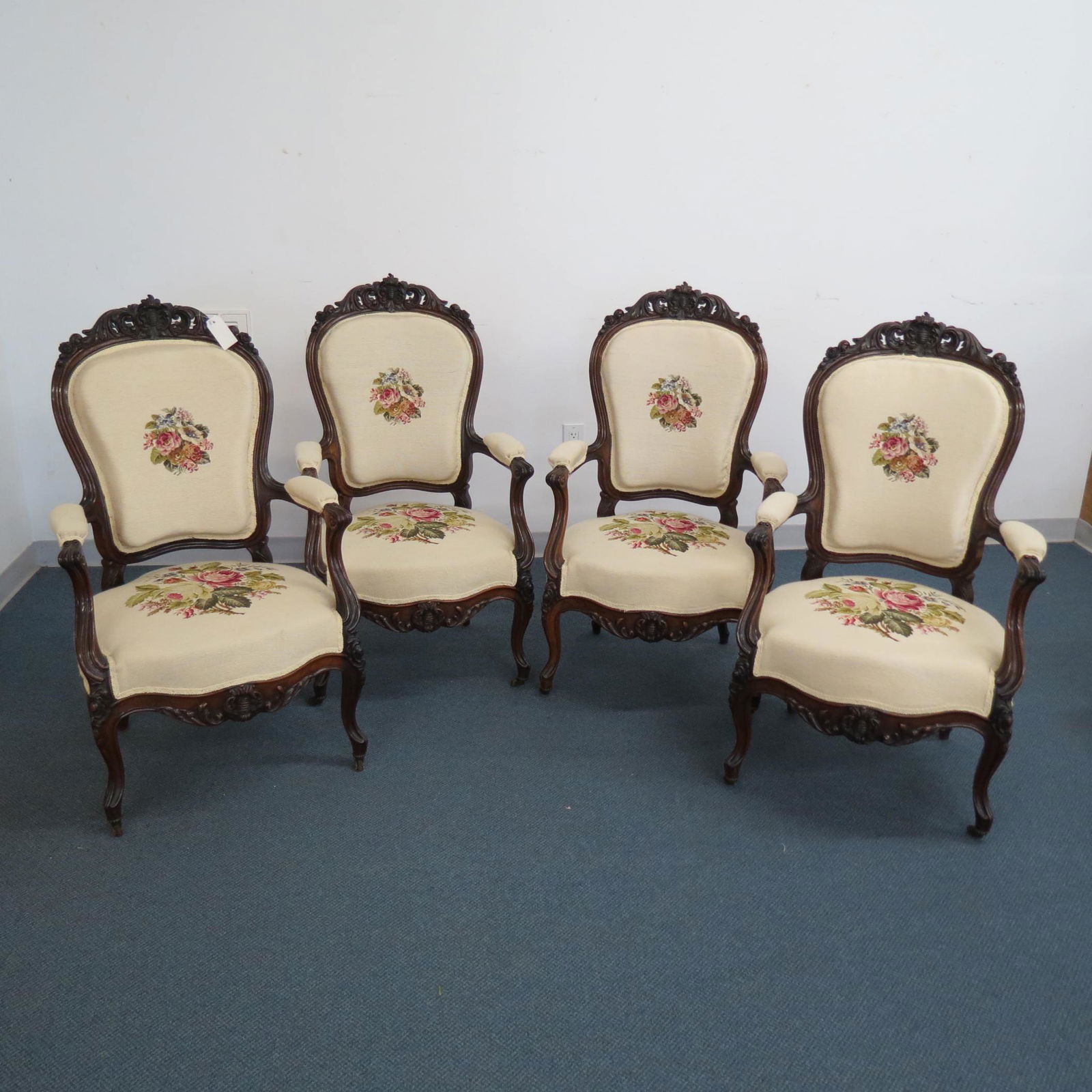 4 Antique Carved Arm Chairs with Needlepoint (1 of 7)