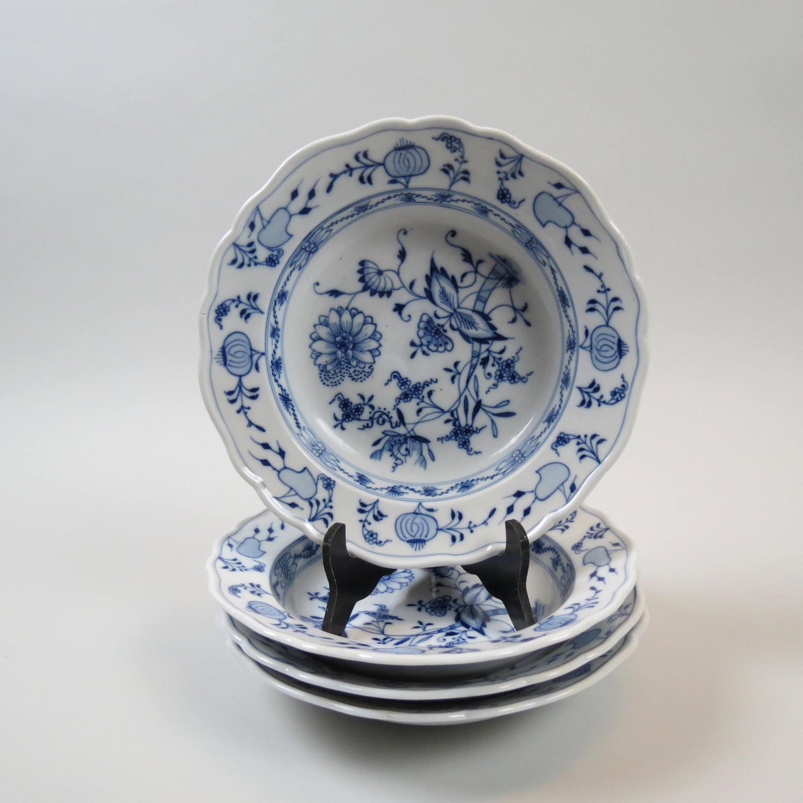 4 Meissen Porcelain "Blue Onion" Soup Bowls,: 9" diameter, crossed swords mark, excellent.