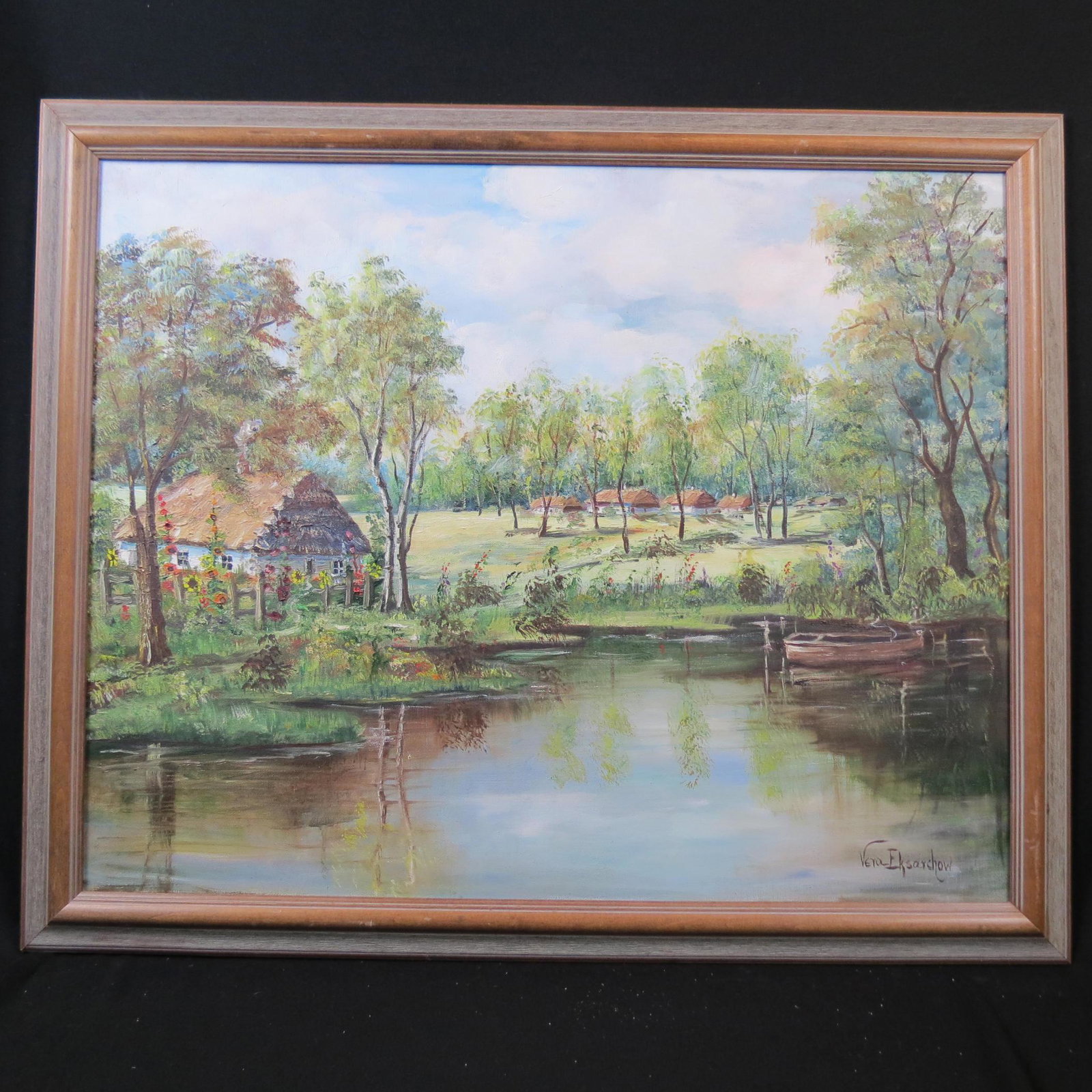 Vera Eksarchow, oil, landscape with cottage: by a lake, on canvas, image area 24" X 30" plus frame.